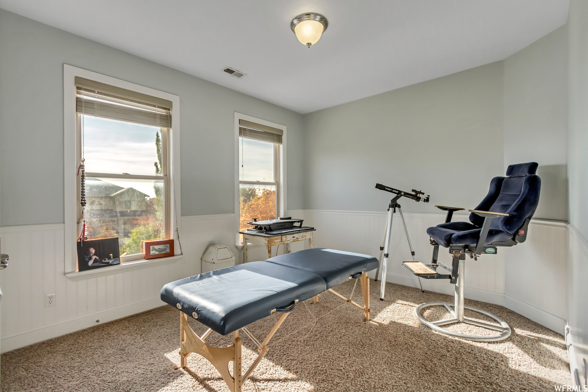 Workout room featuring plenty of natural light and light colored carpet