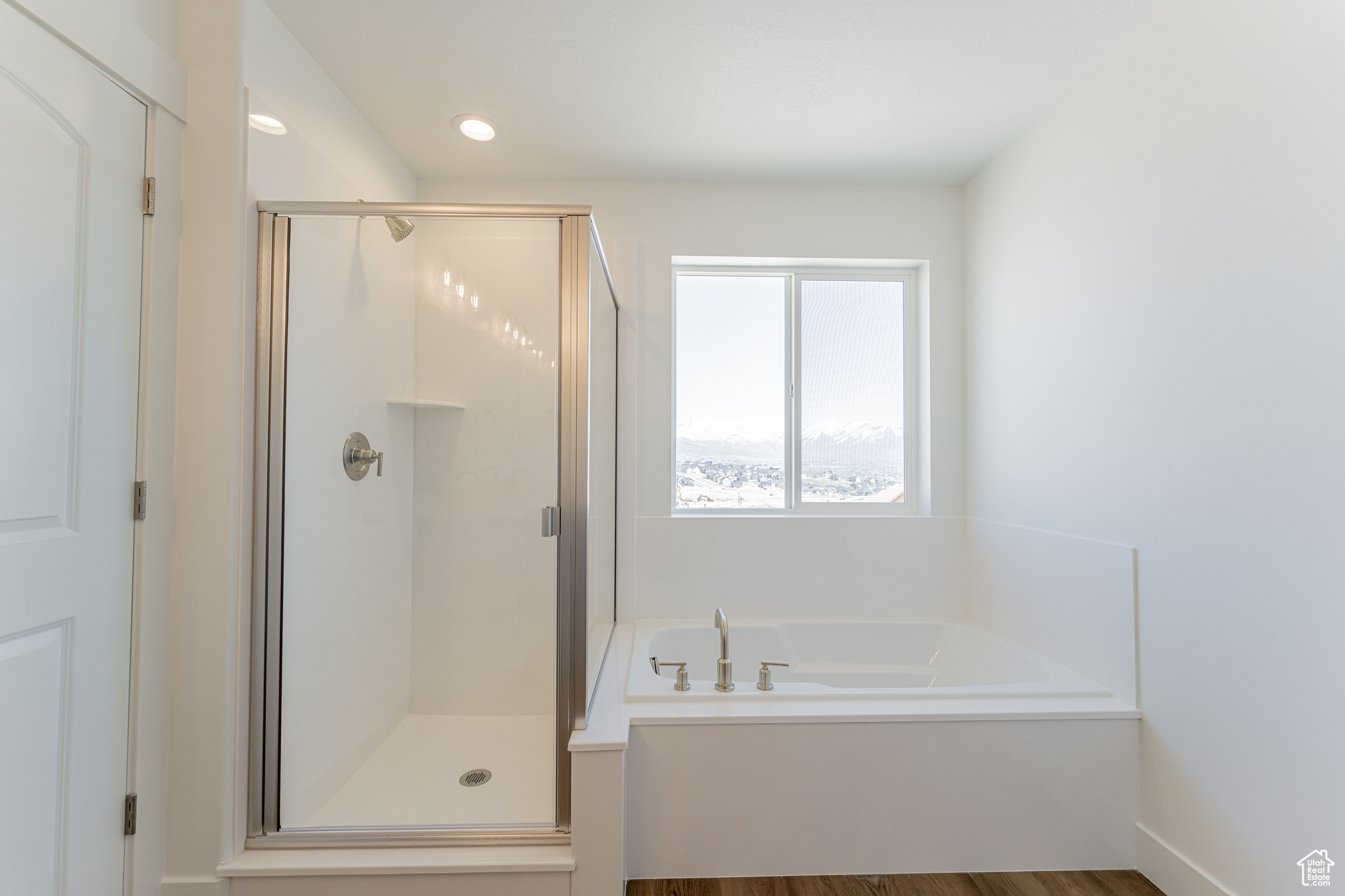 Bathroom featuring hardwood / wood-style flooring and shower with separate bathtub