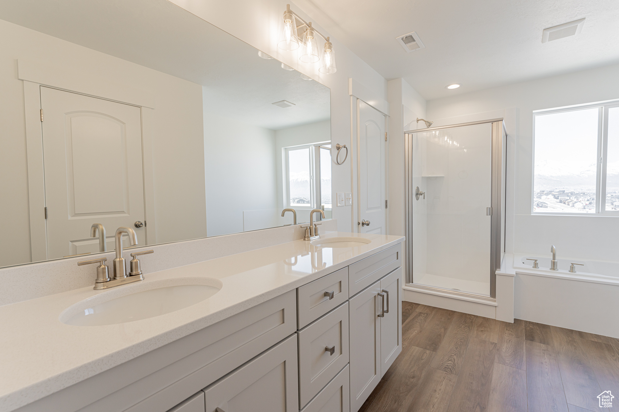 Bathroom with hardwood / wood-style flooring, separate shower and tub, double sink, and large vanity