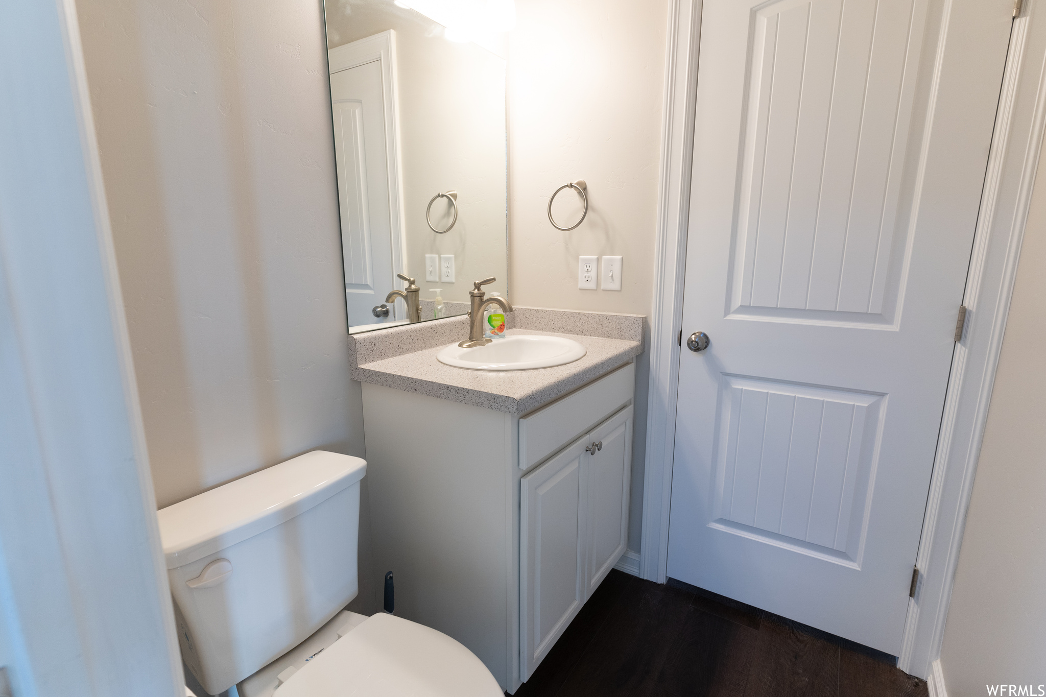Bathroom featuring toilet, wood-type flooring, and large vanity