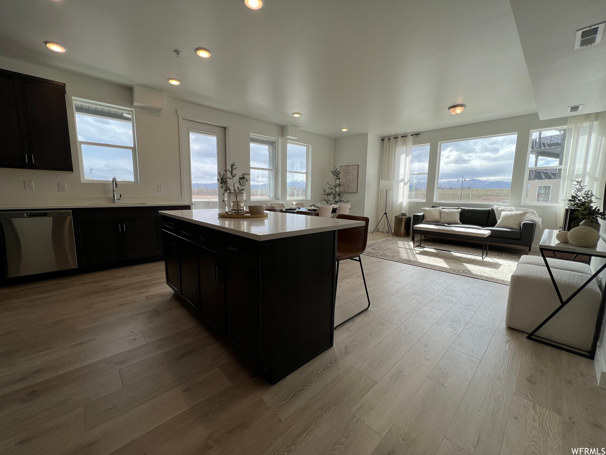 Kitchen featuring a center island, dishwasher, plenty of natural light, and light hardwood / wood-style floors