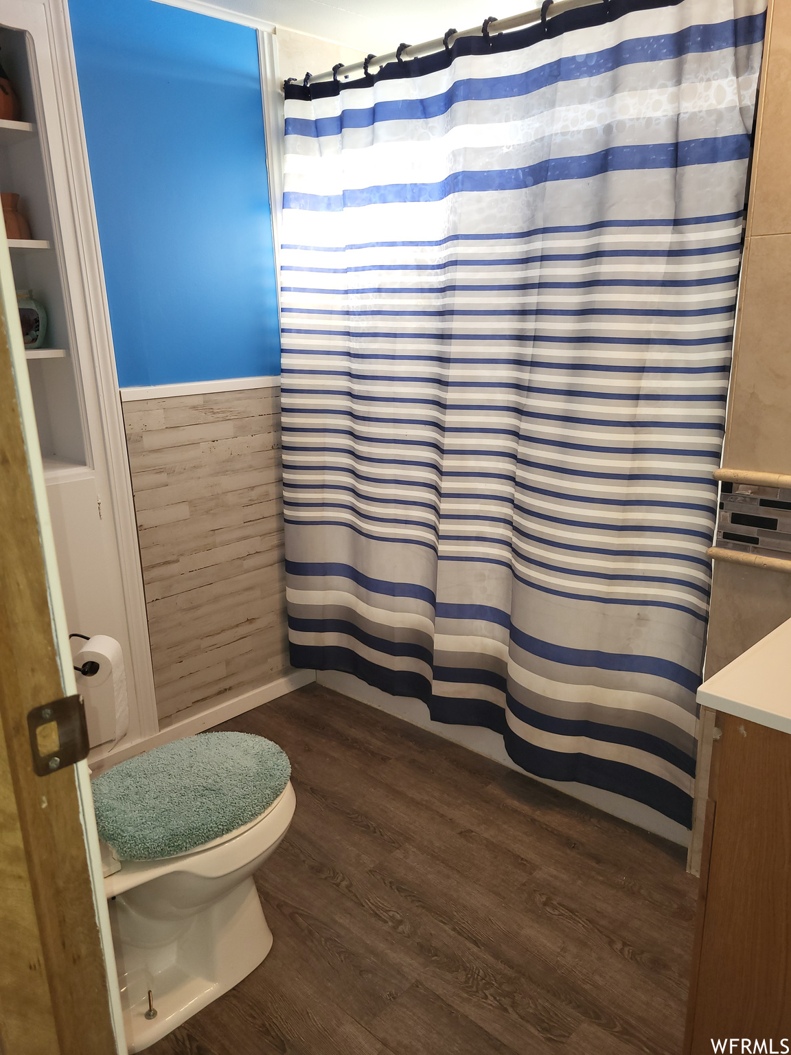 Bathroom with vanity, toilet, and hardwood / wood-style flooring