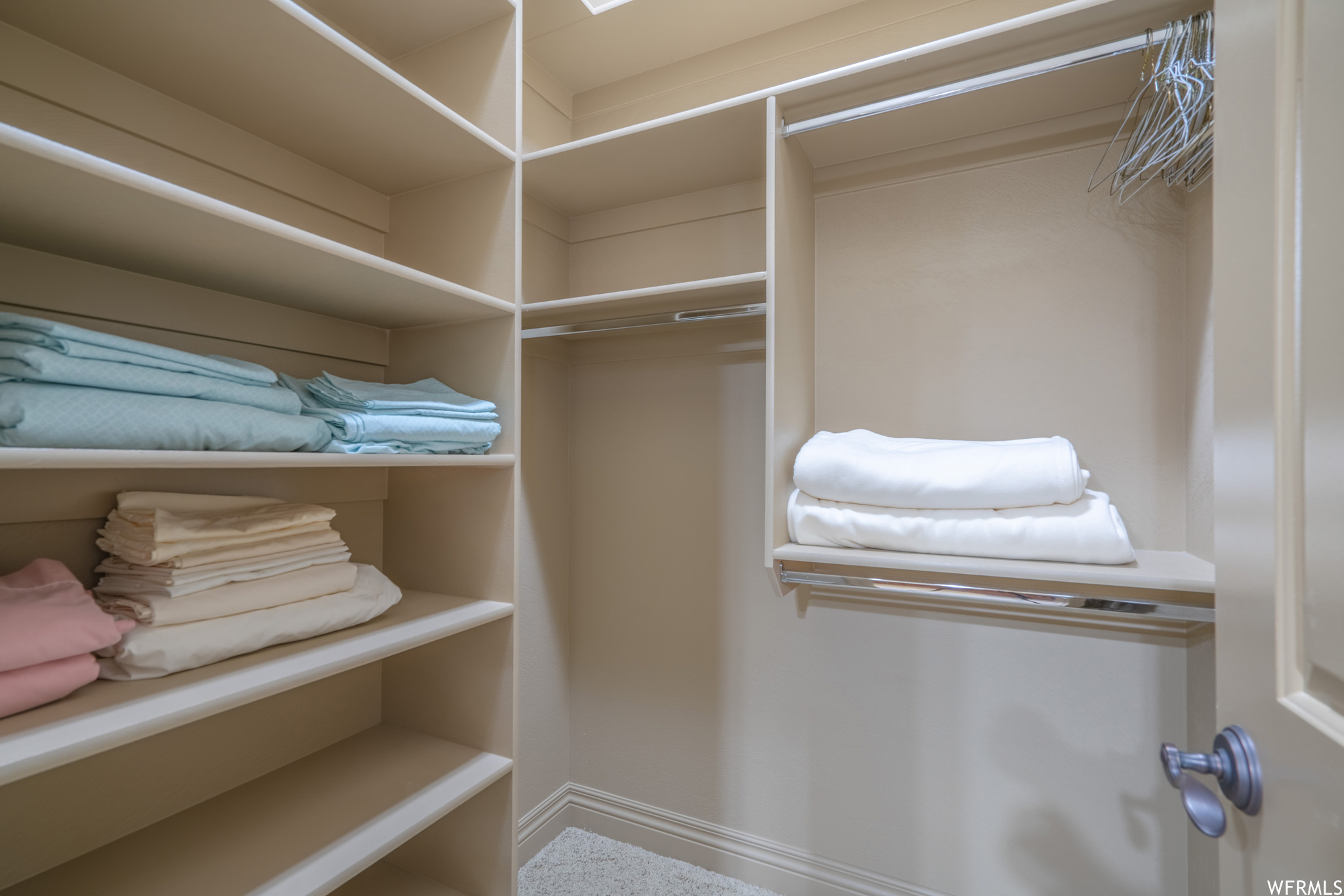 Walk in closet with carpet floors