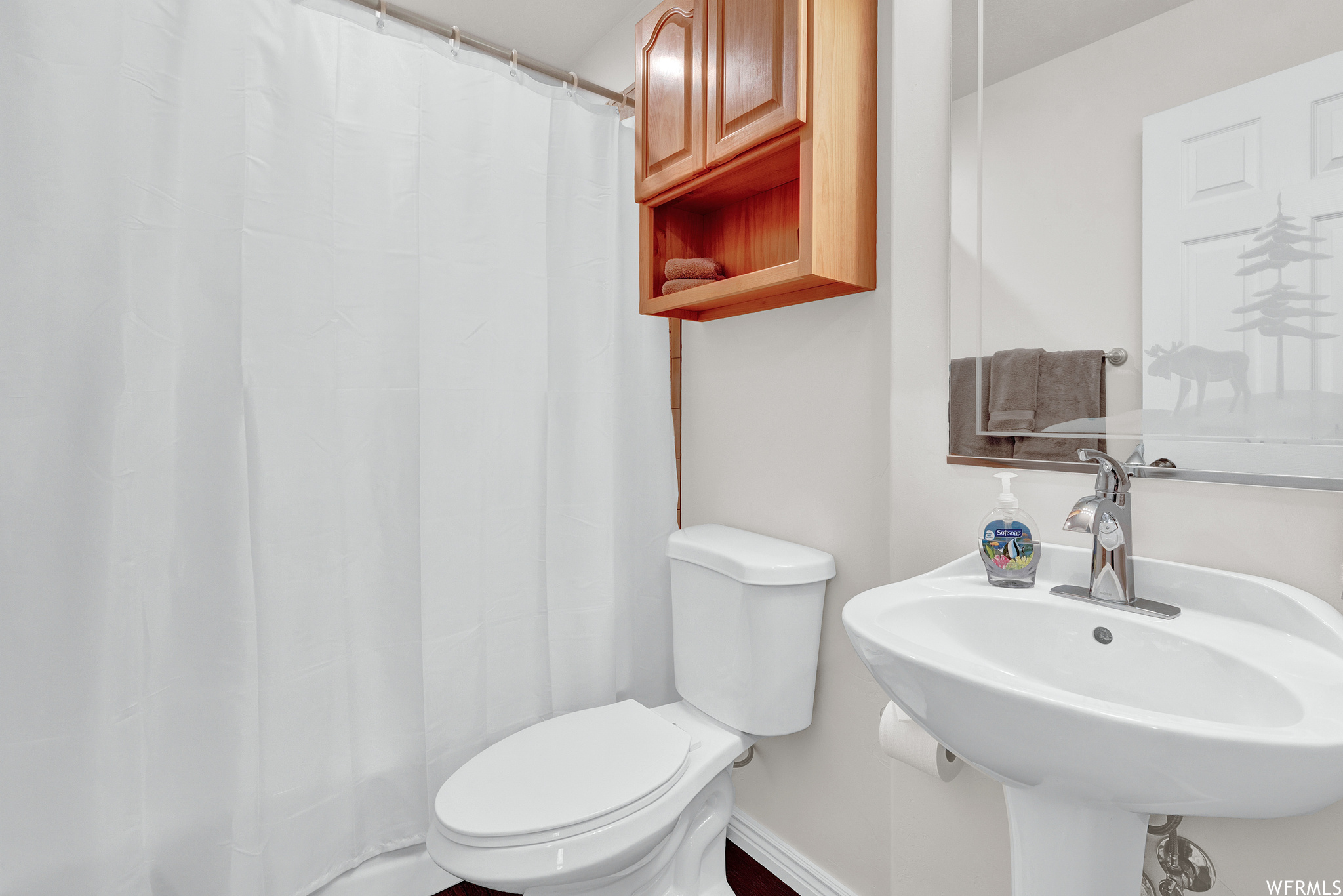 Level 1 Bathroom: Bathroom featuring shower curtain, sink, mirror, and toilet