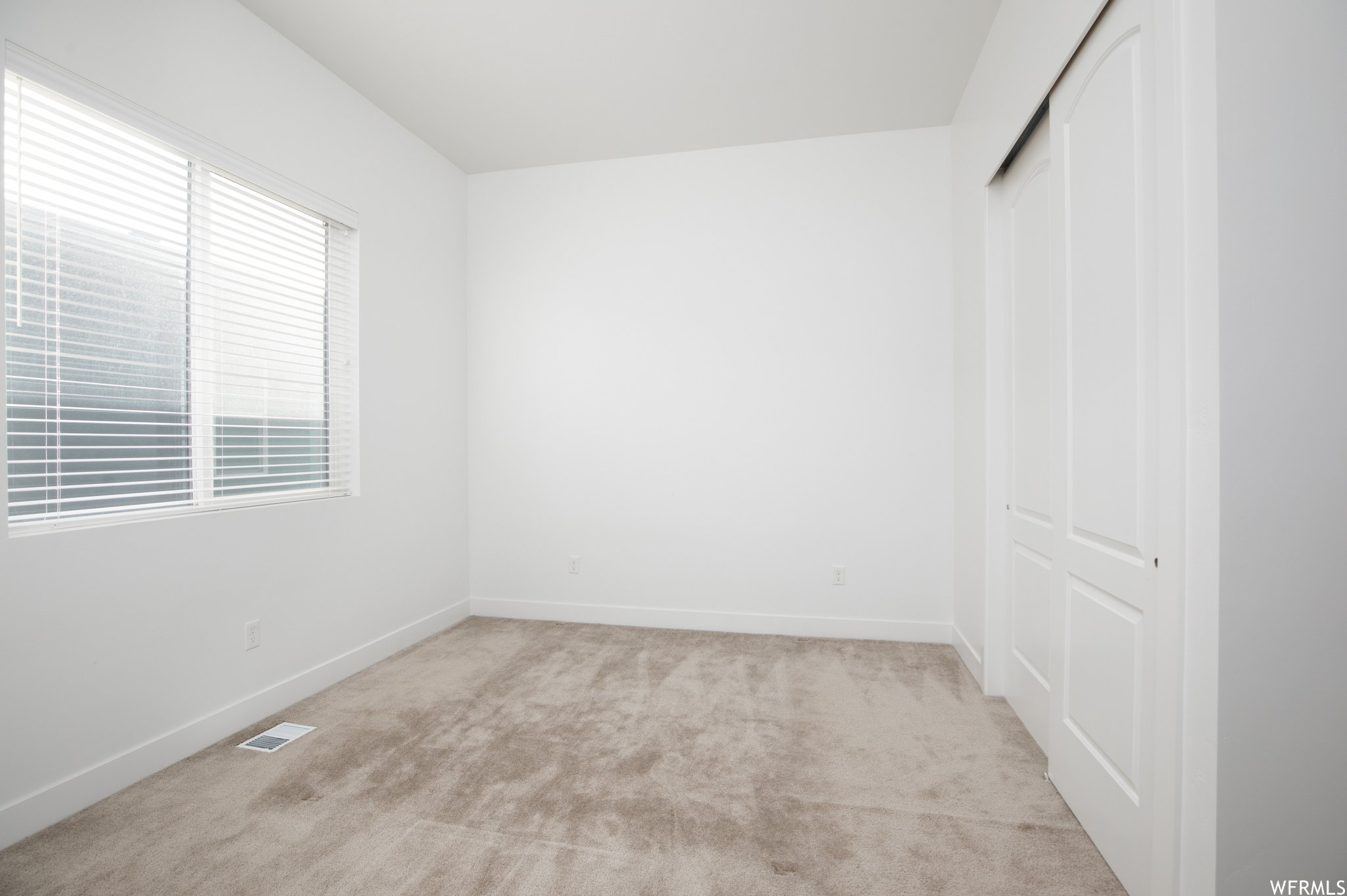 Unfurnished bedroom featuring multiple windows, light carpet, and a closet