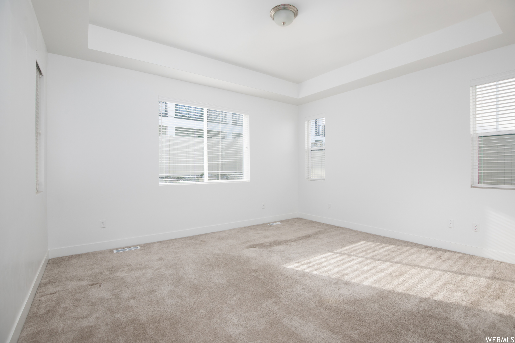 Empty room featuring a tray ceiling and light carpet