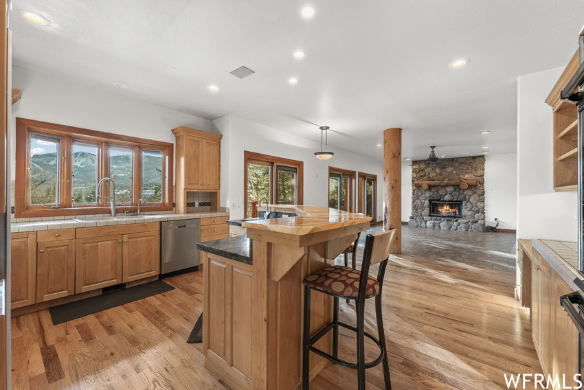 Kitchen with sink, light hardwood / wood-style flooring, stainless steel dishwasher, hanging light fixtures, and a stone fireplace