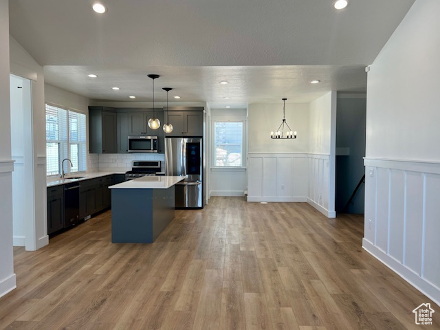 Kitchen with a wealth of natural light, light hardwood / wood-style flooring, stainless steel appliances, and a kitchen island