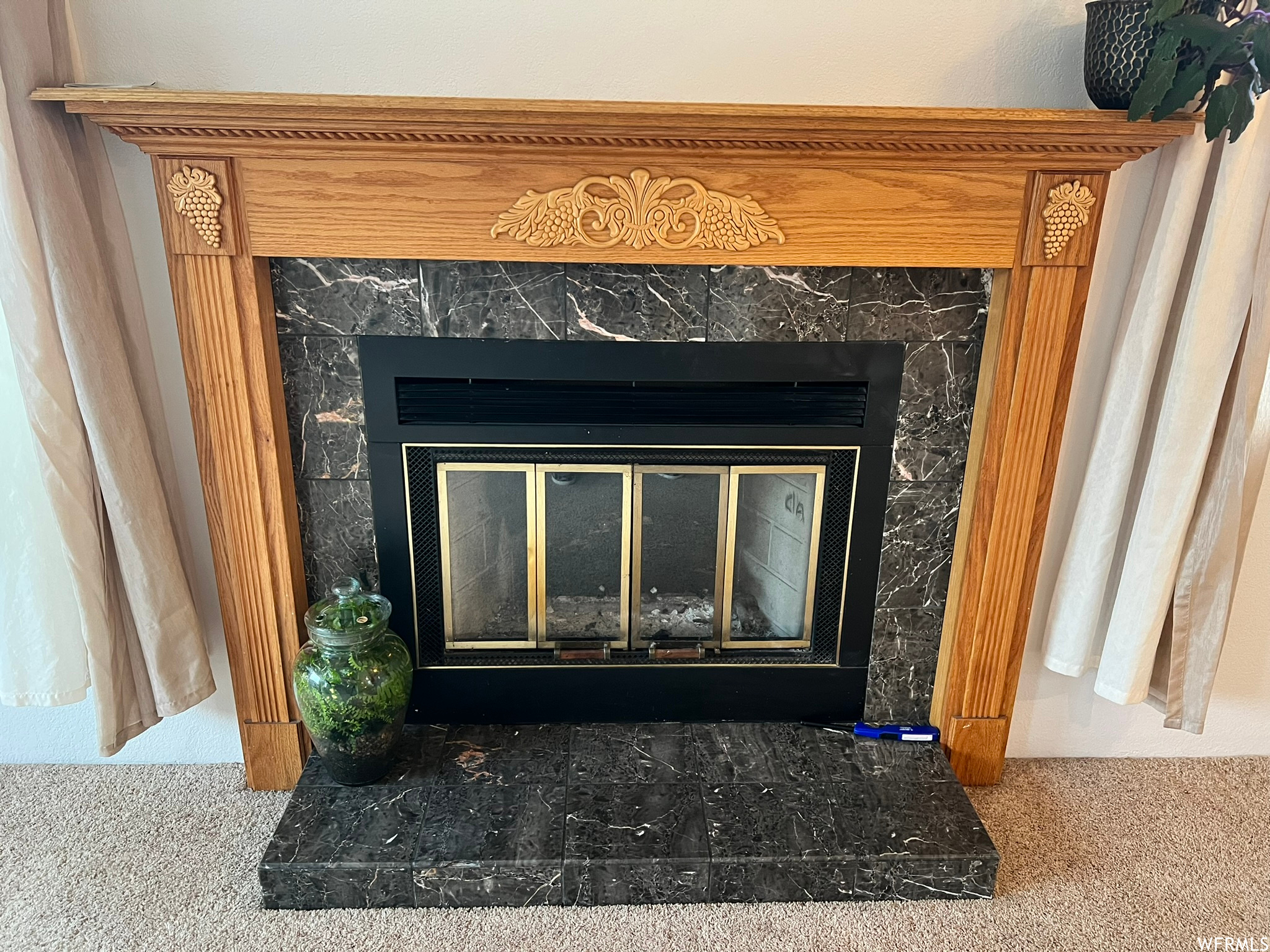 Interior details featuring a fireplace and carpet floors