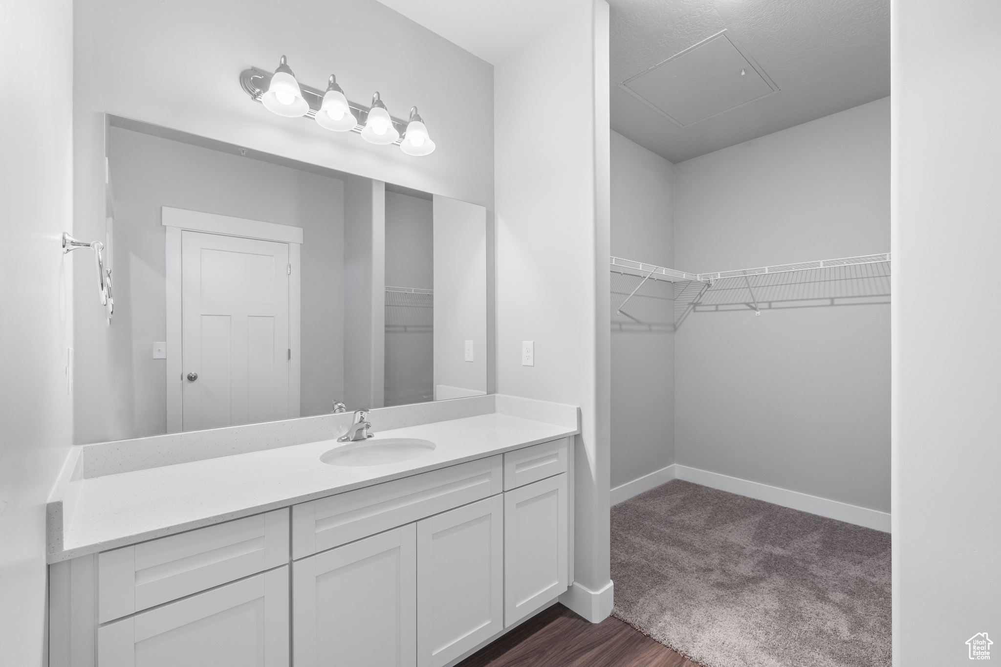 Bathroom with hardwood / wood-style flooring and large vanity