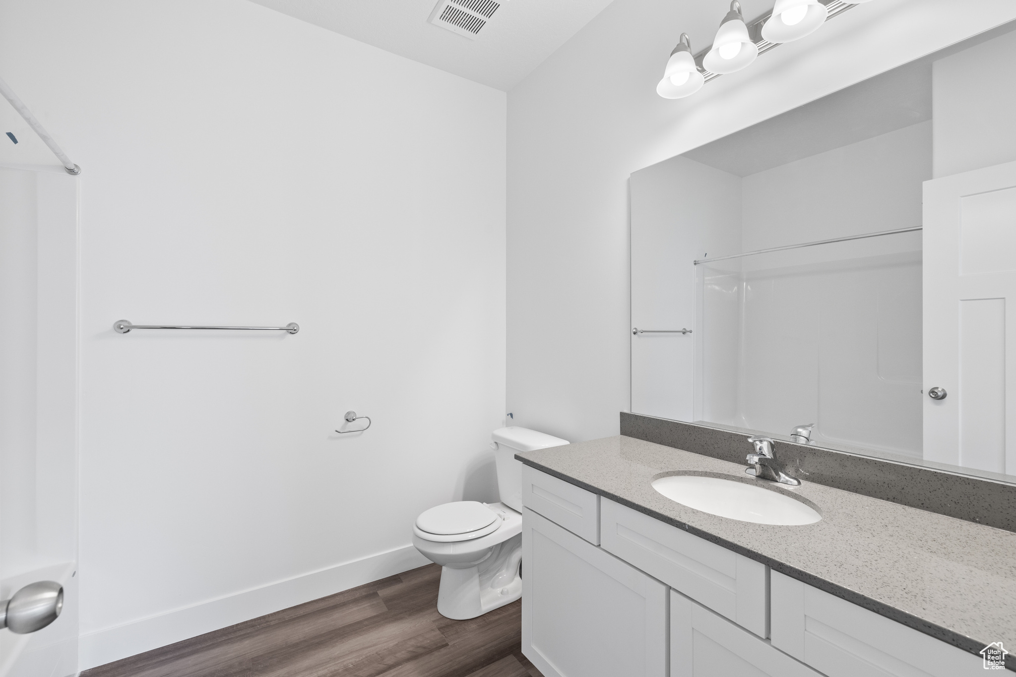 Bathroom with hardwood / wood-style floors, toilet, and vanity