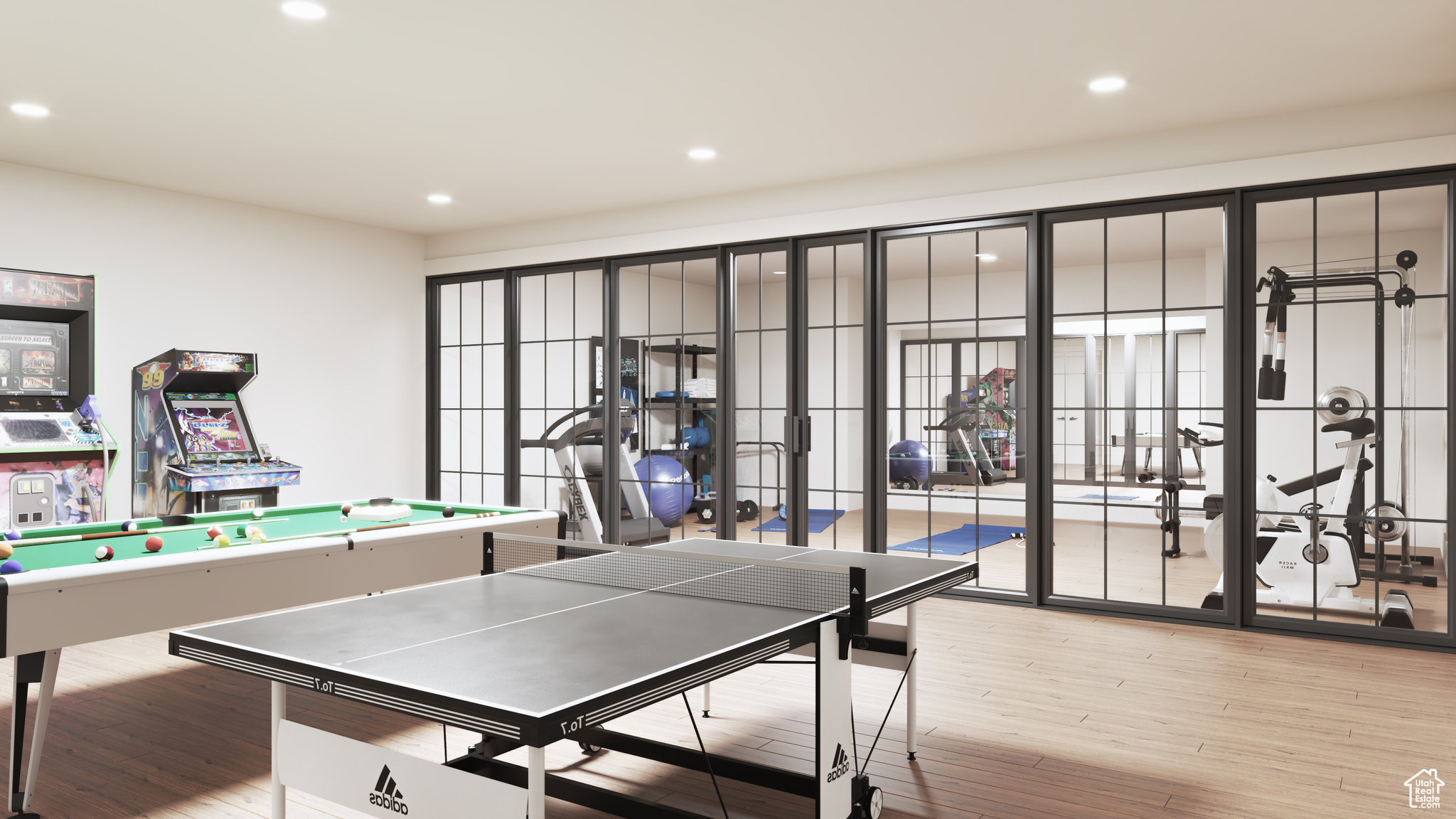 Activity room separated with glass wall to a Gym