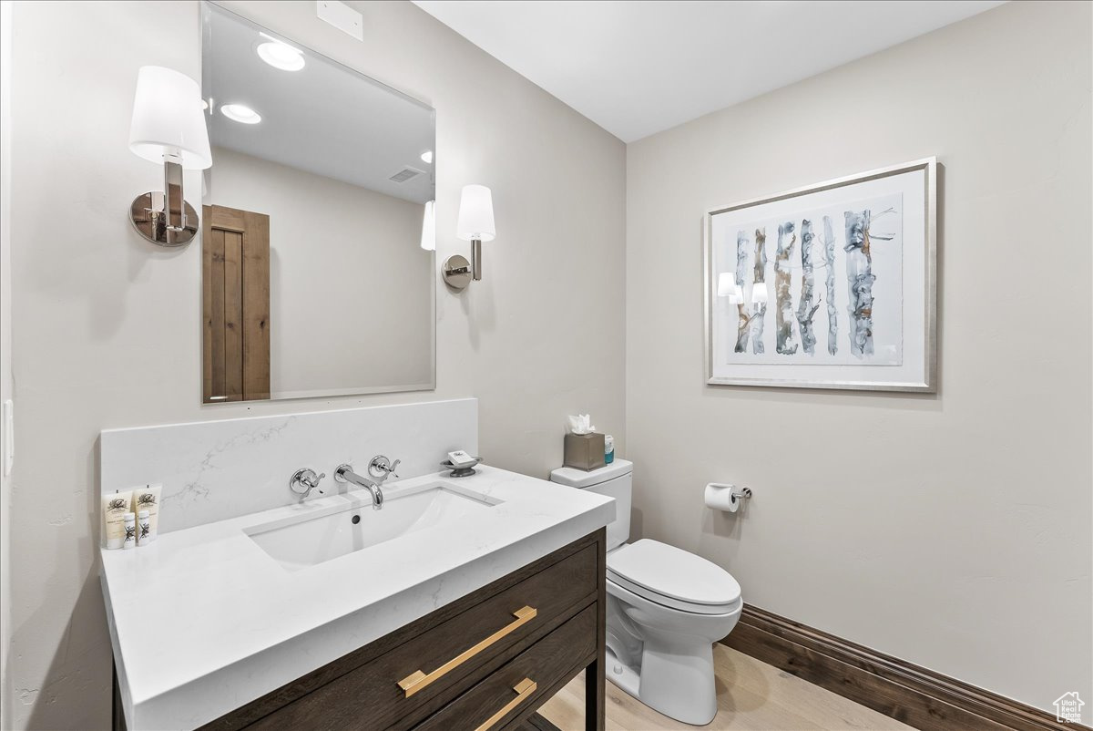 Bathroom with wood-type flooring, toilet, and large vanity