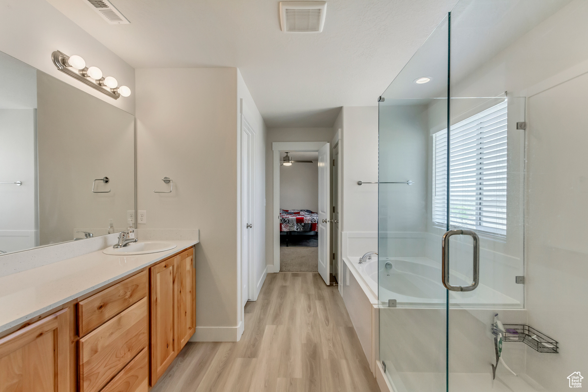 Primary Bathroom featuring vanity and wood-style flooring
