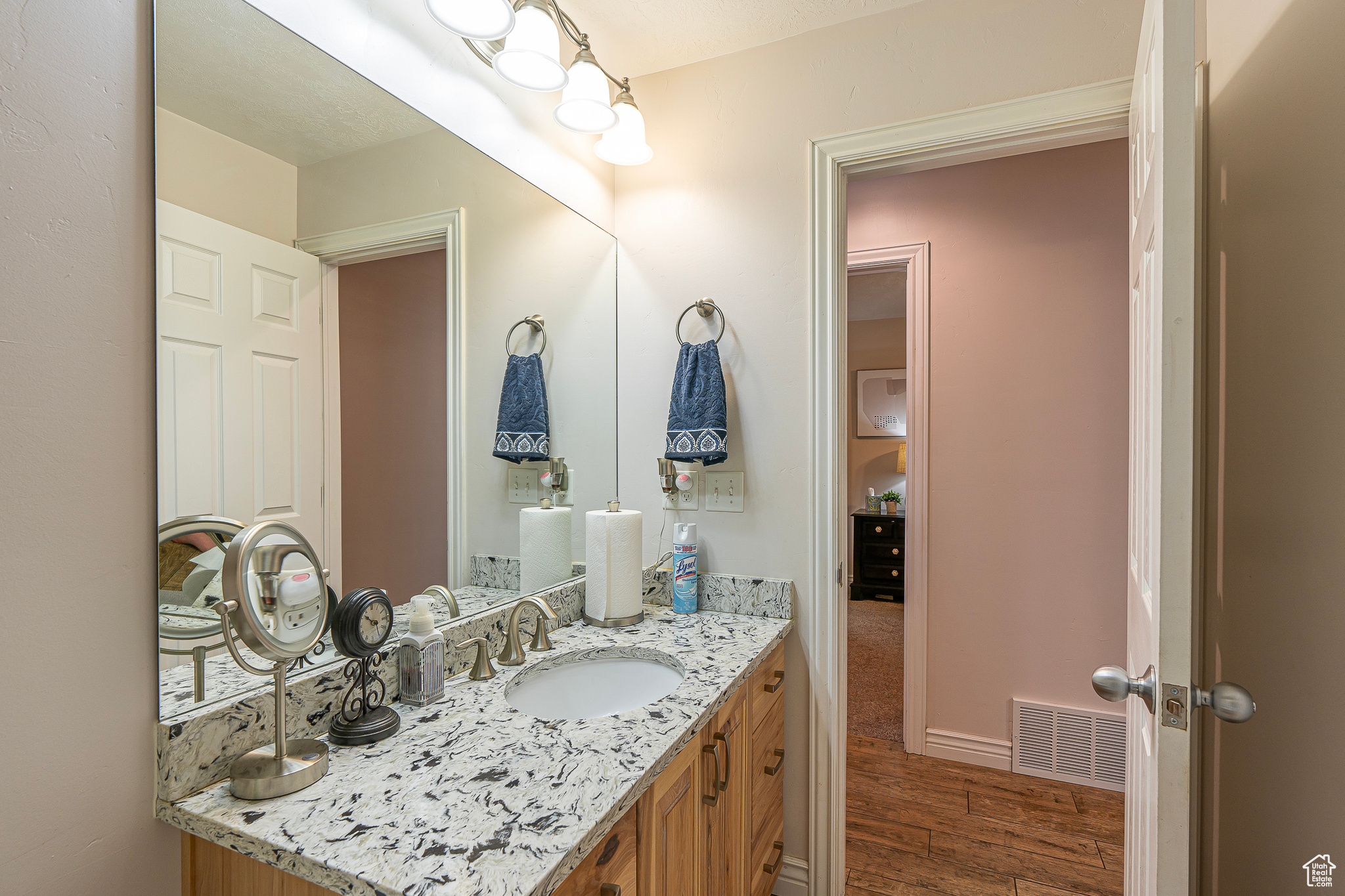 Bathroom with oversized vanity and hardwood / wood-style floors