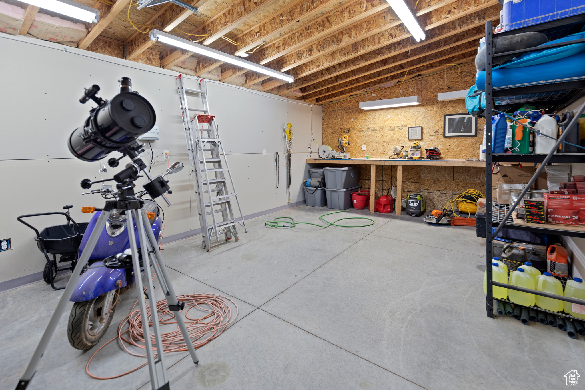 Basement featuring a workshop area