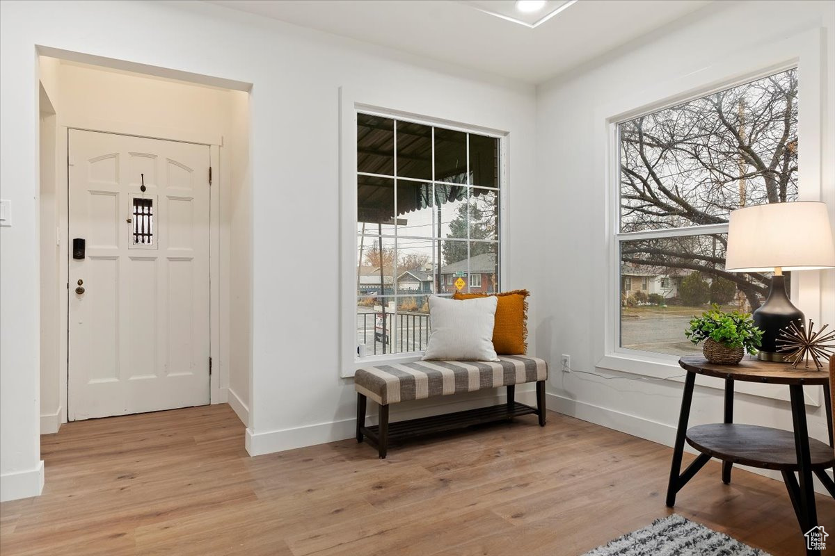 Sitting room featuring light hardwood / wood-style floors and a healthy amount of sunlight