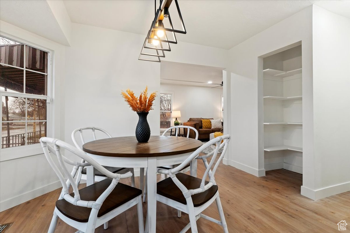 Dining area with light hardwood / wood-style floors