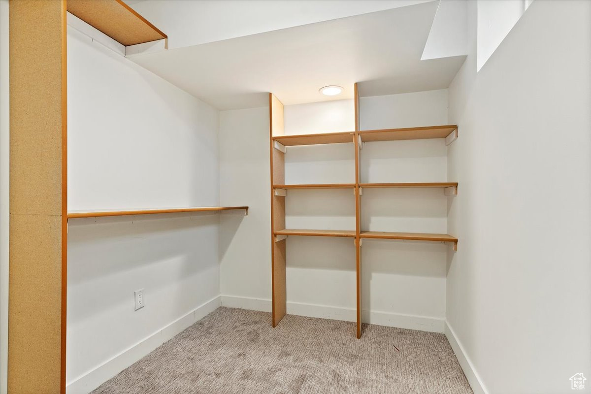 Walk in closet with light colored carpet