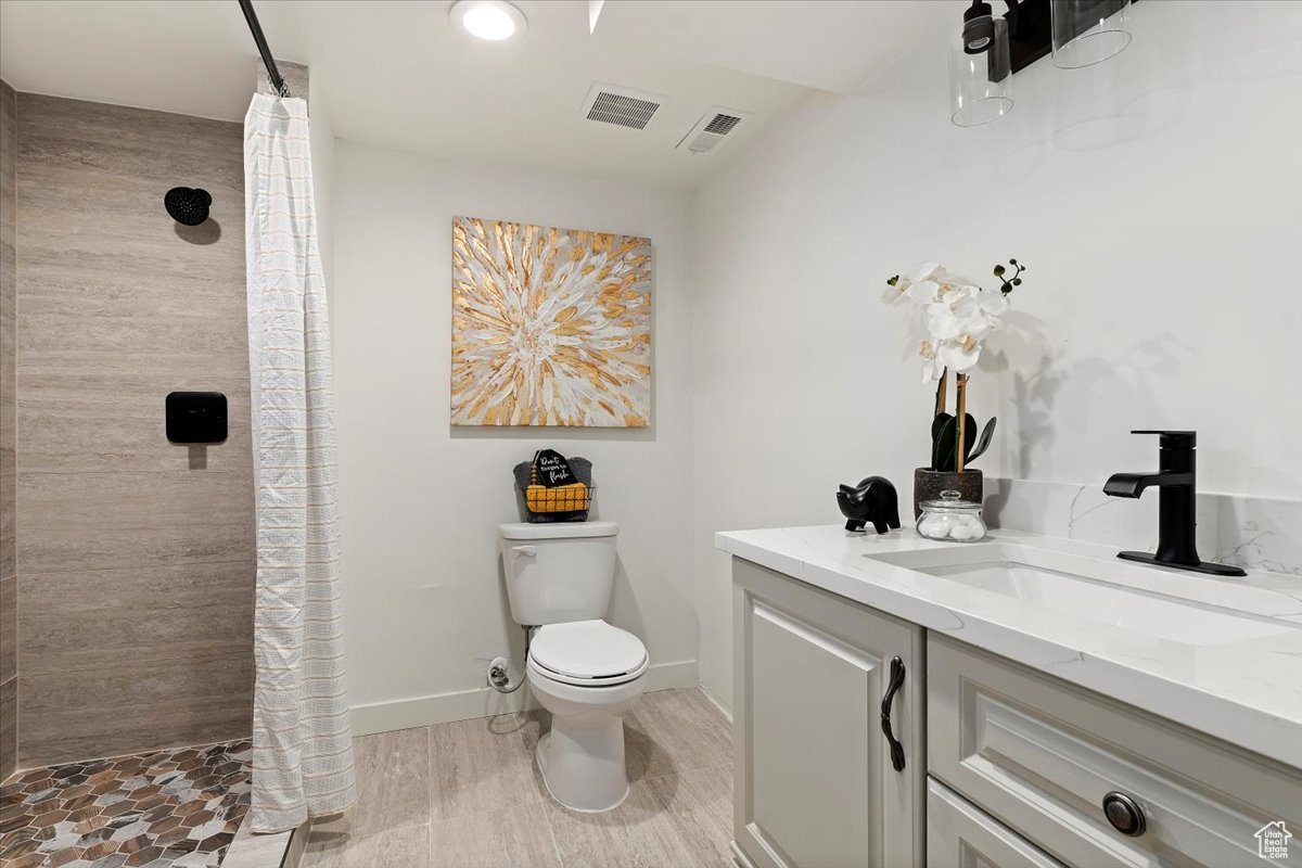 Bathroom featuring vanity, toilet, and a shower with curtain