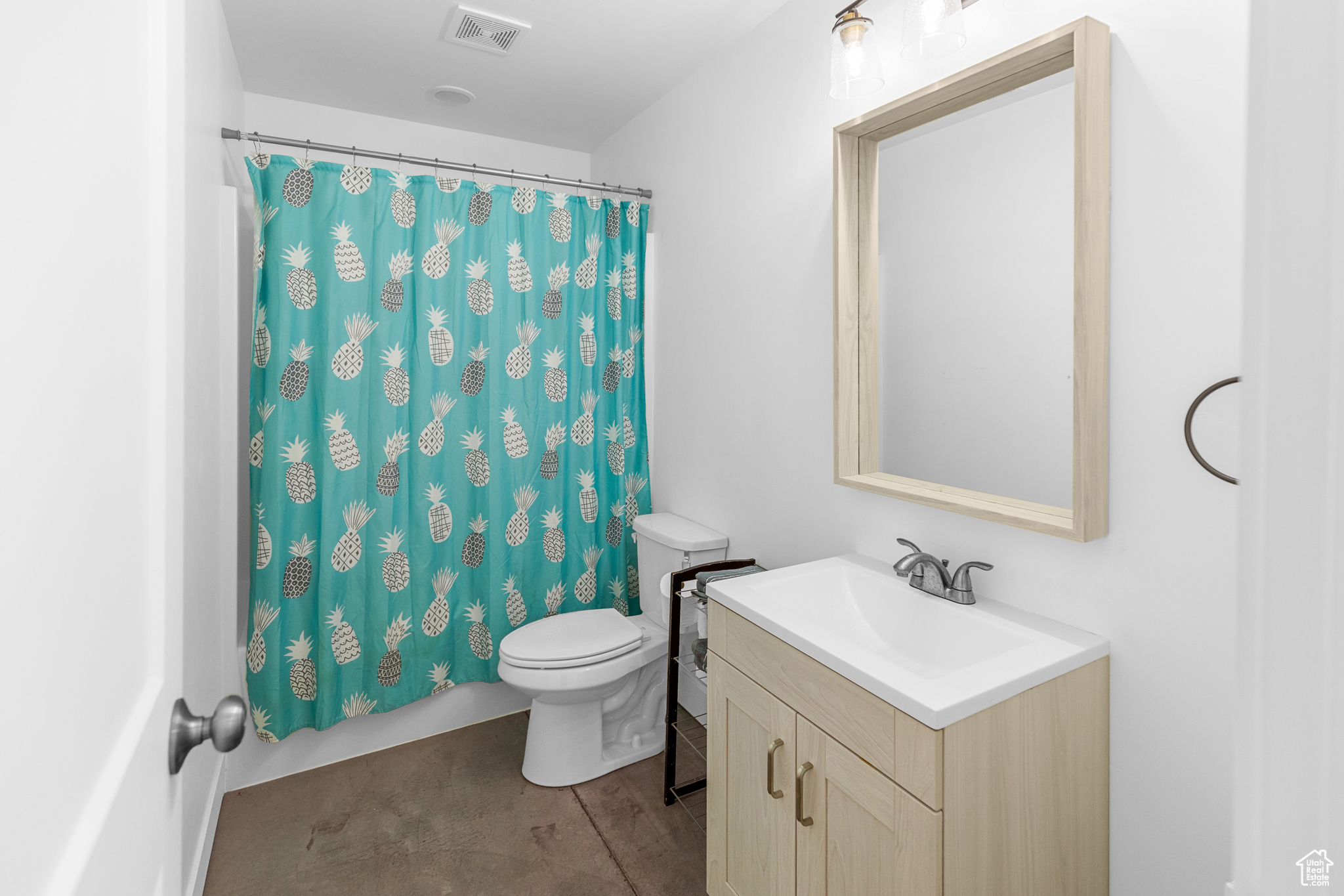 Bathroom with hardwood / wood-style floors, toilet, and oversized vanity