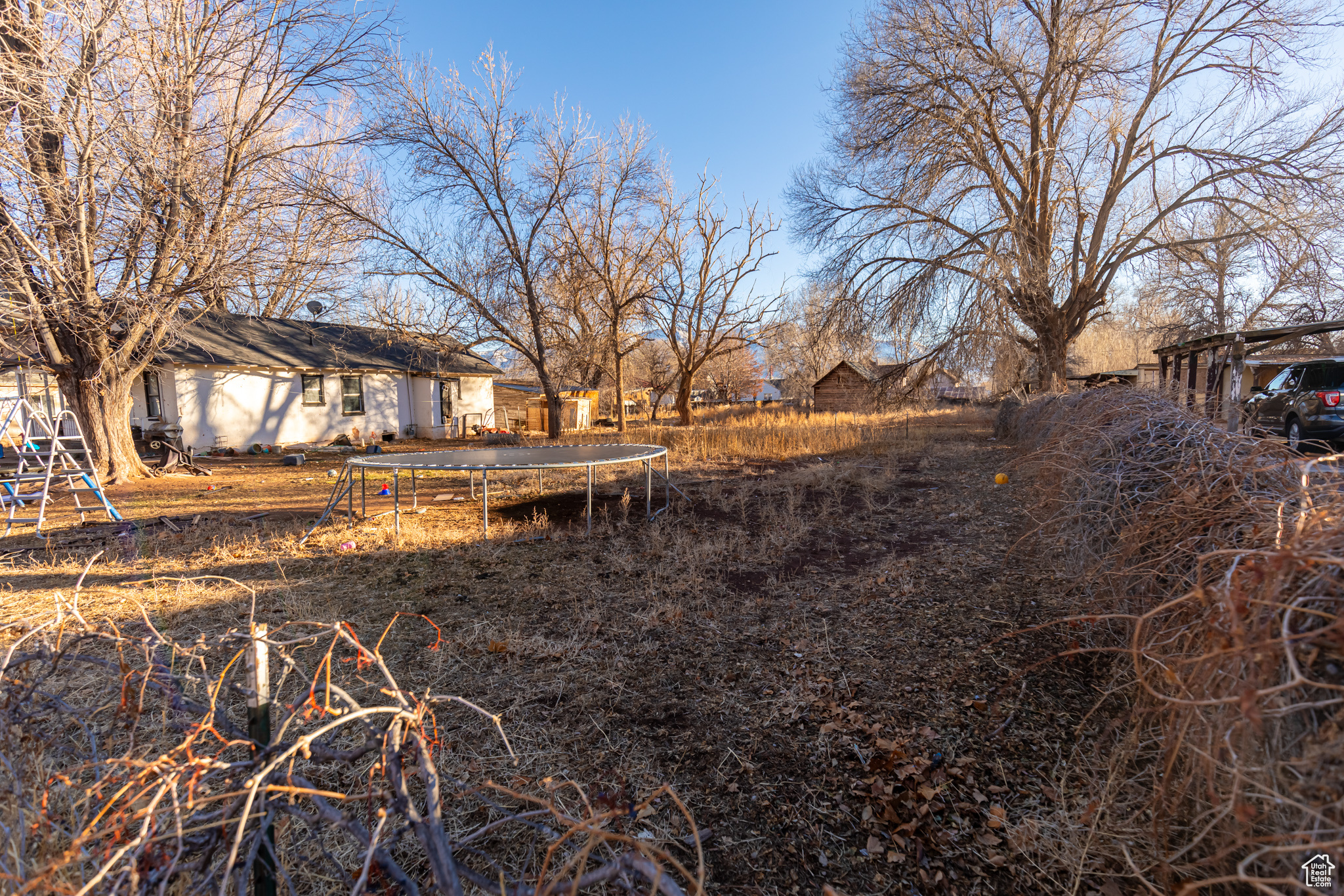 View of yard featuring a trampoline