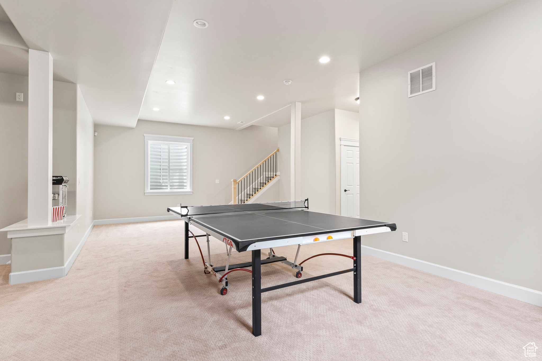 Large basement rec room with 10' ceilings