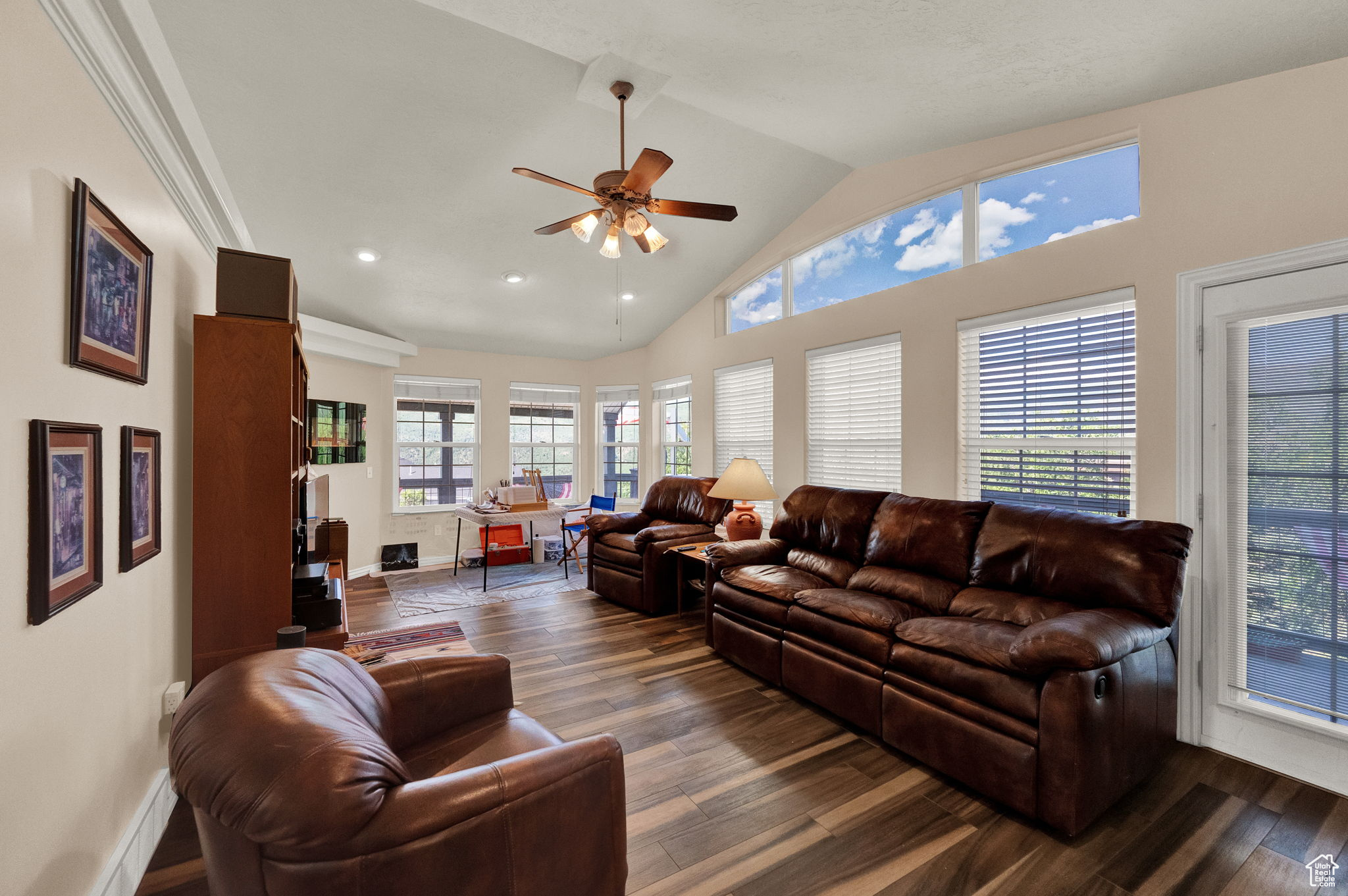 Living room featuring plenty of natural light, dark hardwood / wood-style flooring, vaulted ceiling, and ceiling fan