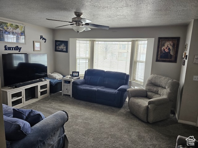 Living room featuring carpet, a textured ceiling, and ceiling fan