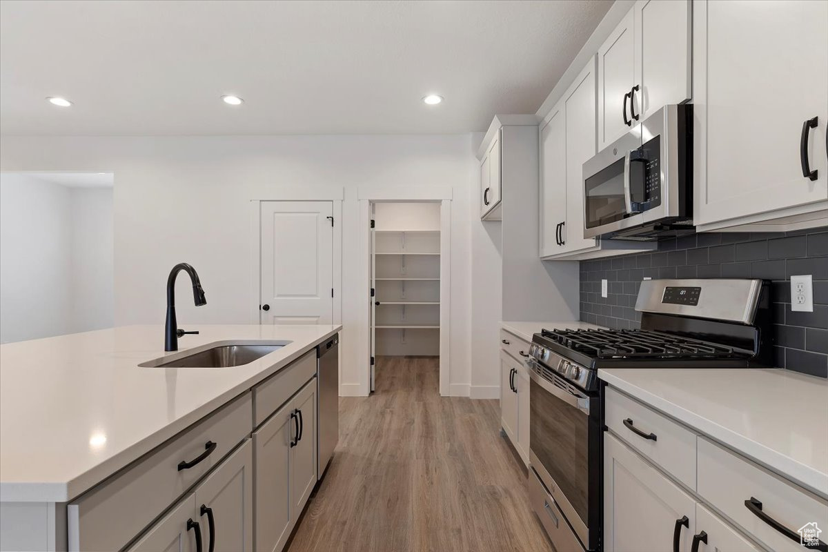 Kitchen with white cabinets, stainless steel appliances, backsplash, sink, and light wood-type flooring