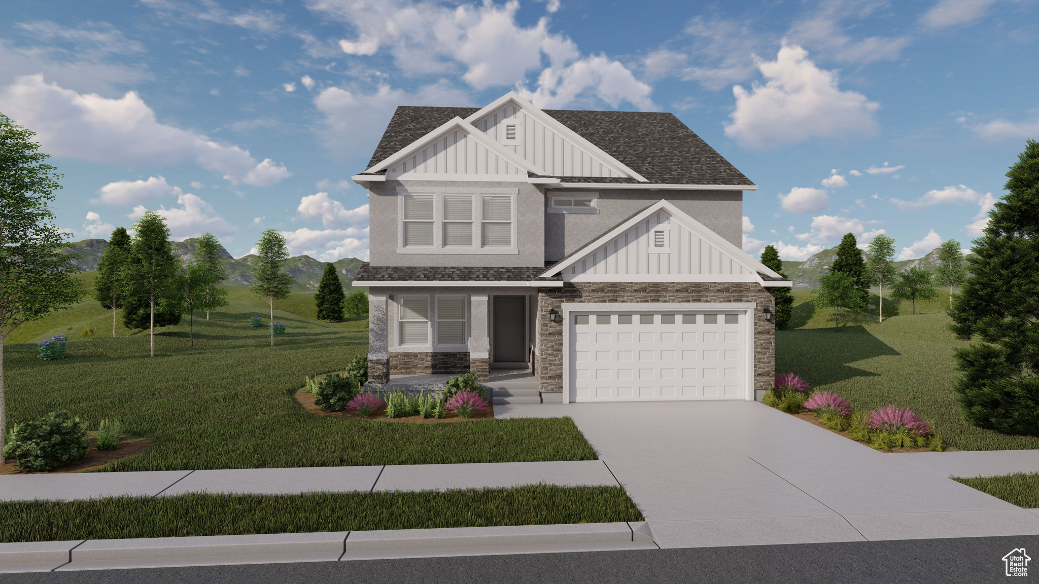 Craftsman inspired home featuring a garage and a front yard