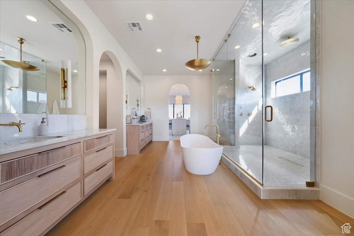 Bathroom with wood-type flooring, vanity with extensive cabinet space, and plus walk in shower