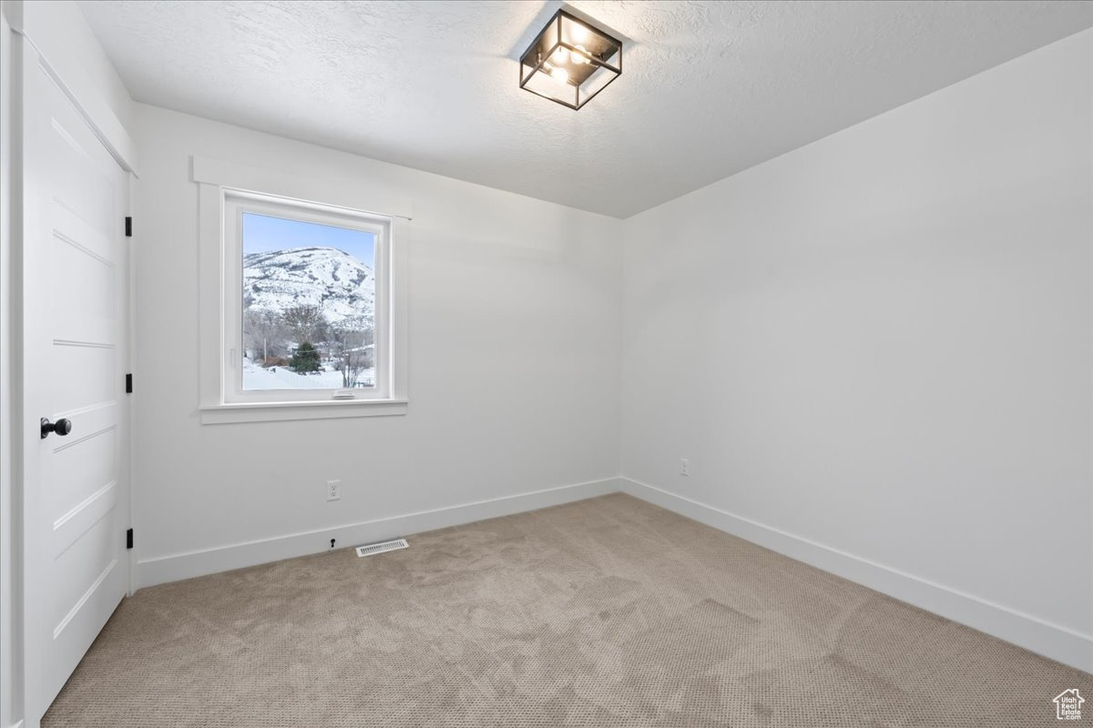 Empty room with light colored carpet and a textured ceiling