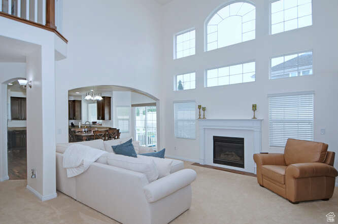 Picture windows in great rm with gas fireplace