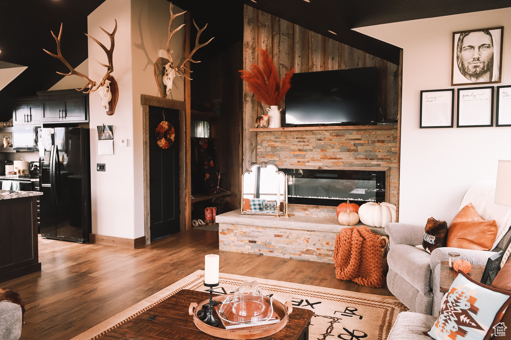 Living room featuring a fireplace and hardwood / wood-style flooring