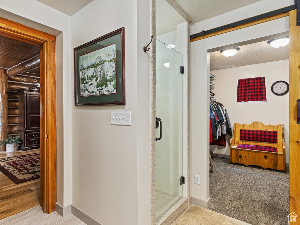 Bathroom with a shower with shower door and hardwood / wood-style floors