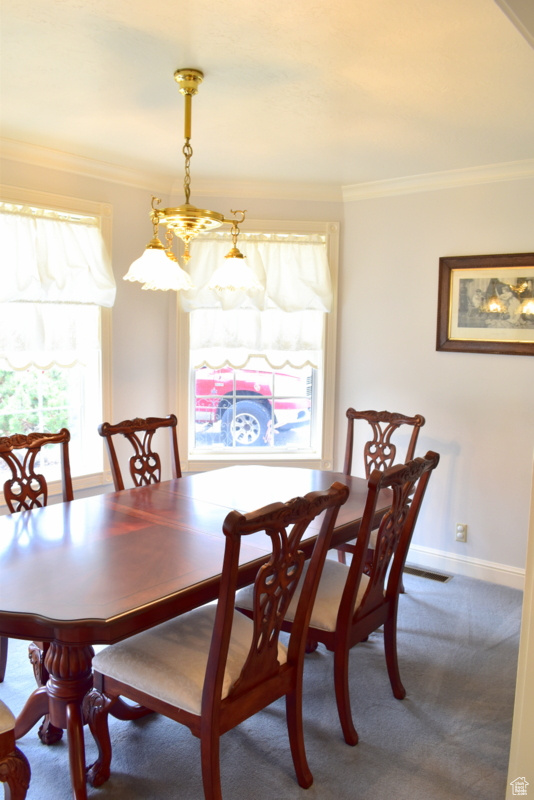 Carpeted dining area featuring crown molding and a notable chandelier
