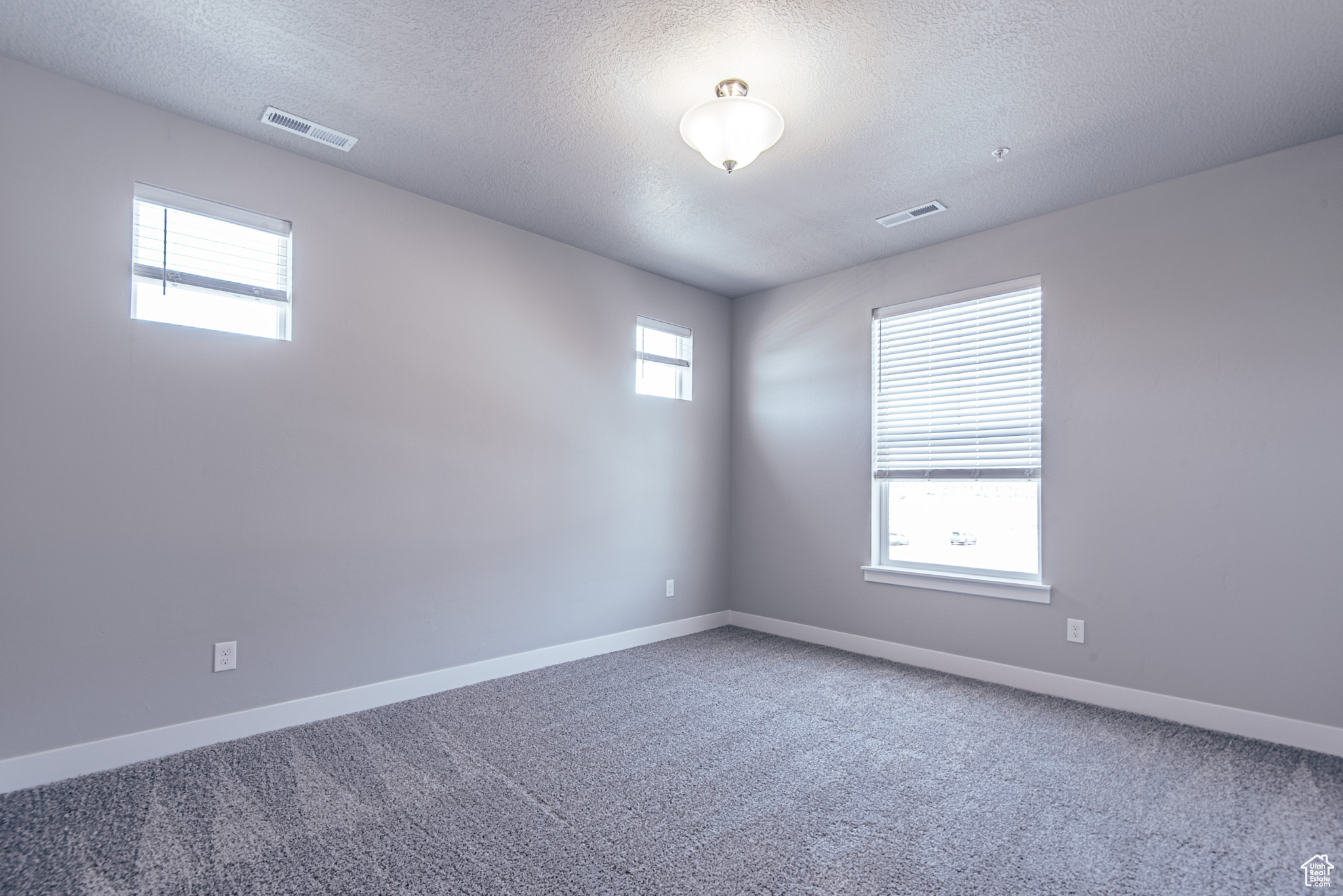 Spare room featuring a healthy amount of sunlight, a textured ceiling, and carpet