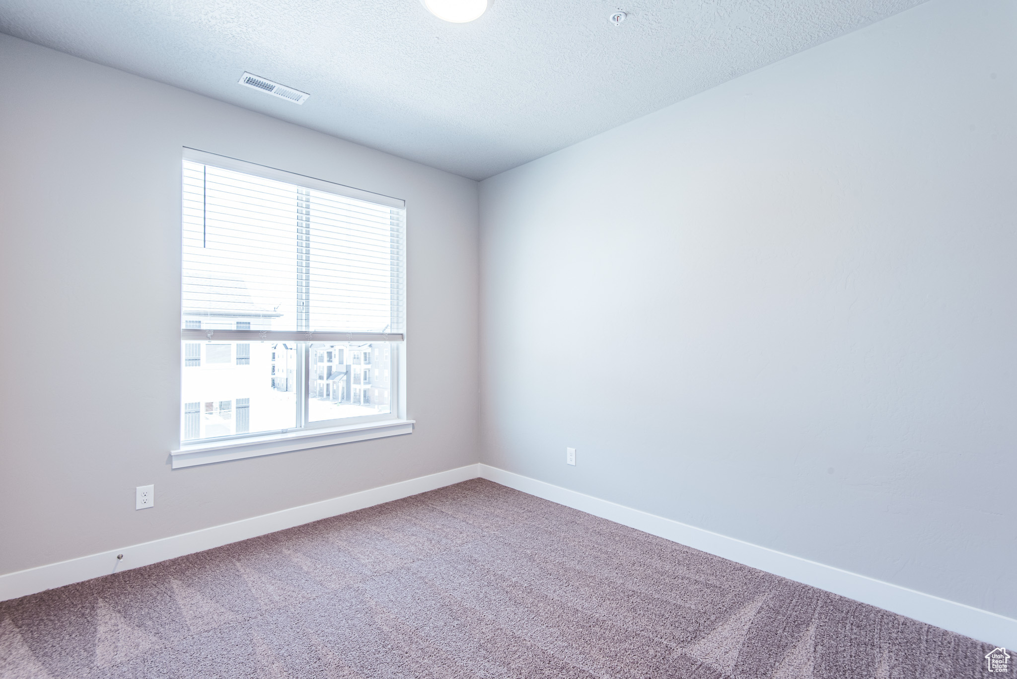 Carpeted spare room with a wealth of natural light and a textured ceiling