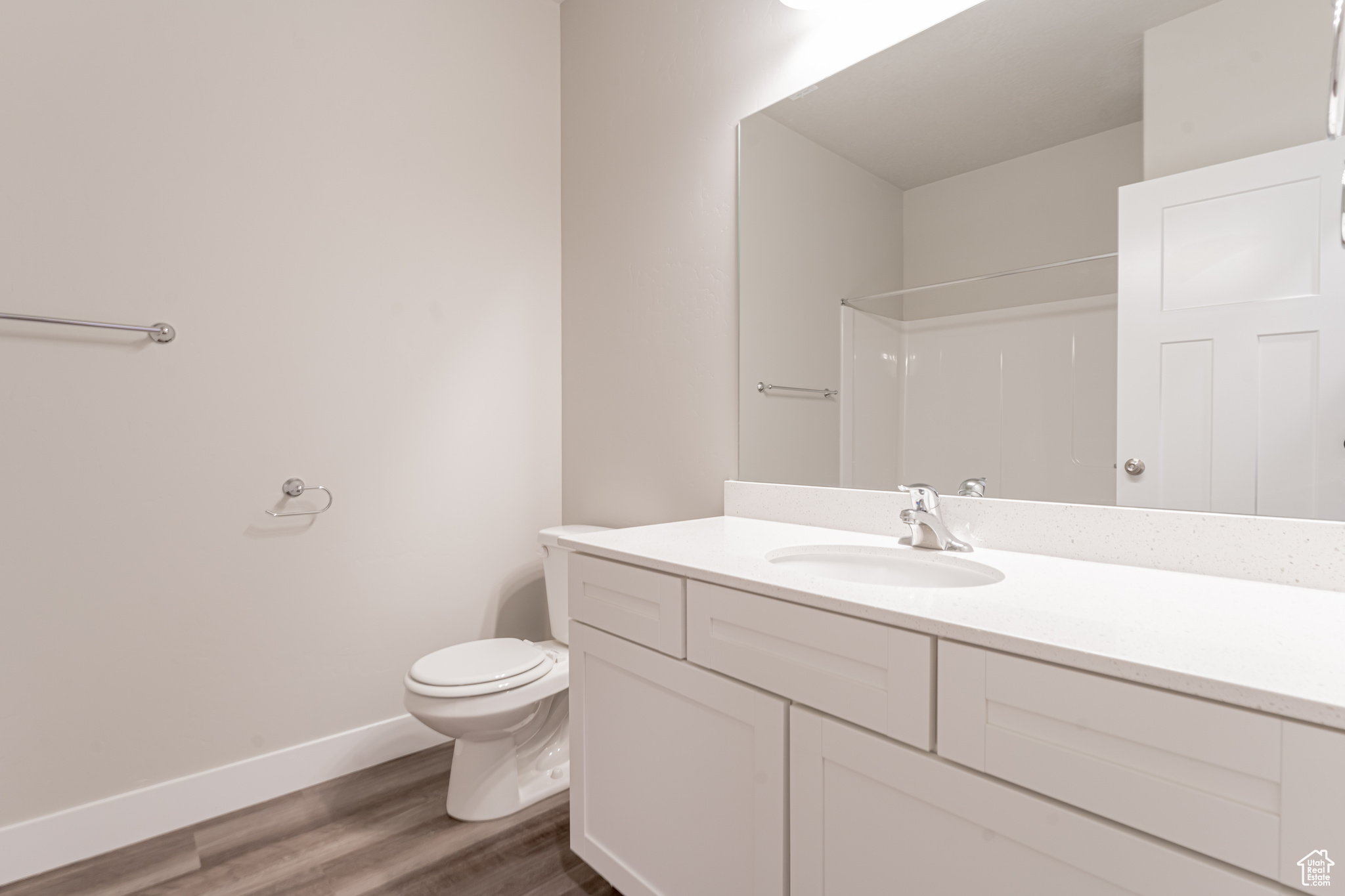 Bathroom featuring vanity, hardwood / wood-style flooring, and toilet