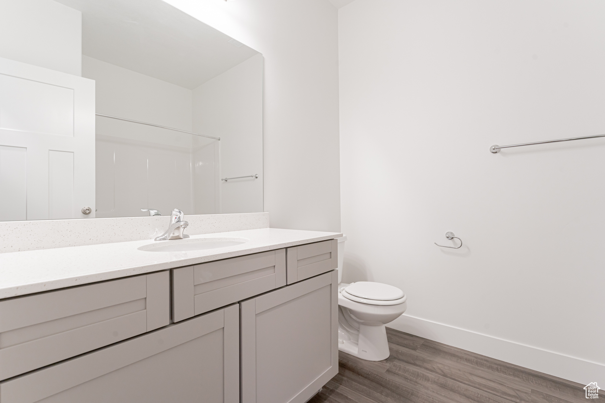 Bathroom featuring vanity, toilet, and hardwood / wood-style flooring