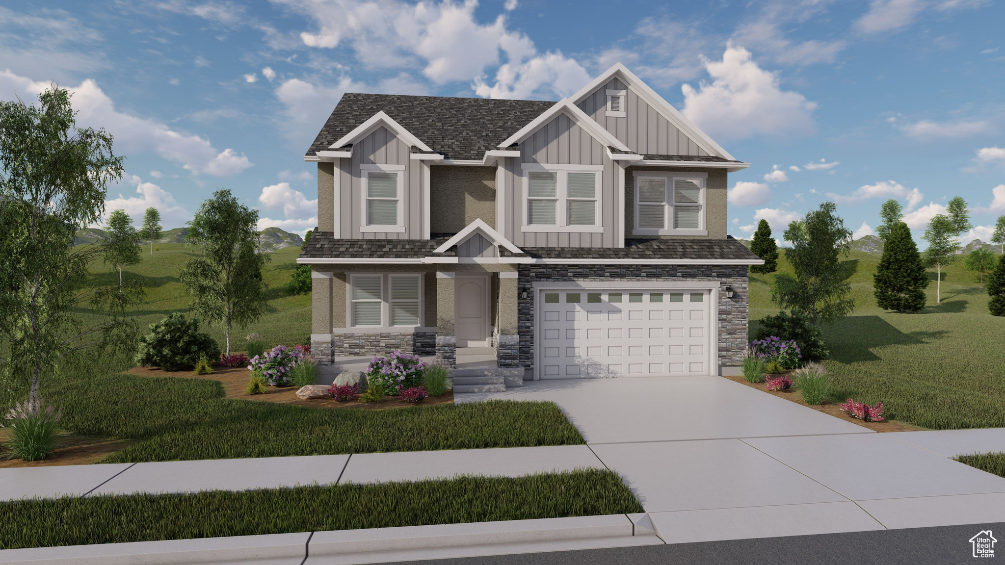 Craftsman-style home with a front yard and a garage