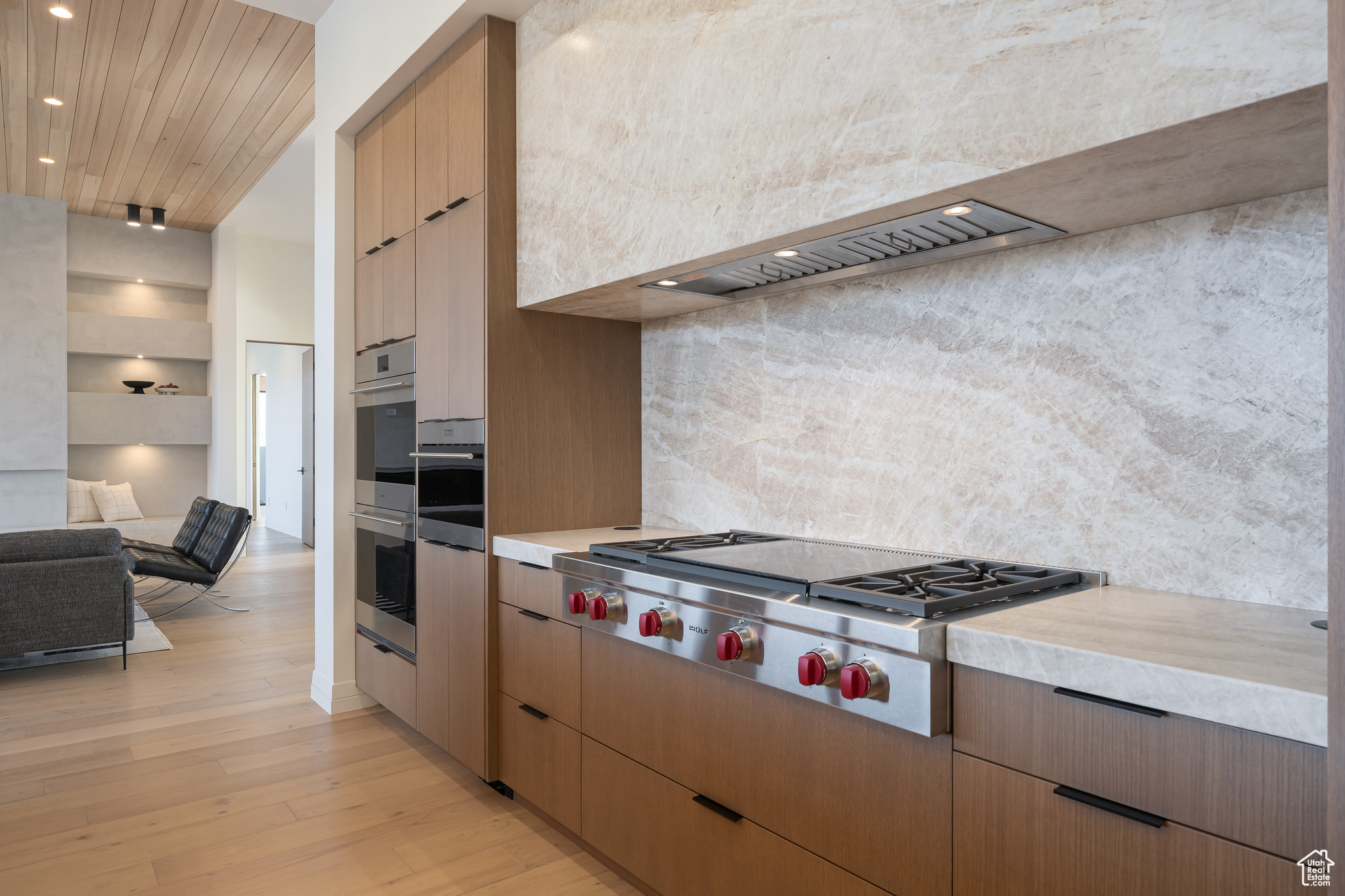 Kitchen featuring tasteful backsplash, wall chimney exhaust hood, stainless steel appliances, and light hardwood / wood-style floors