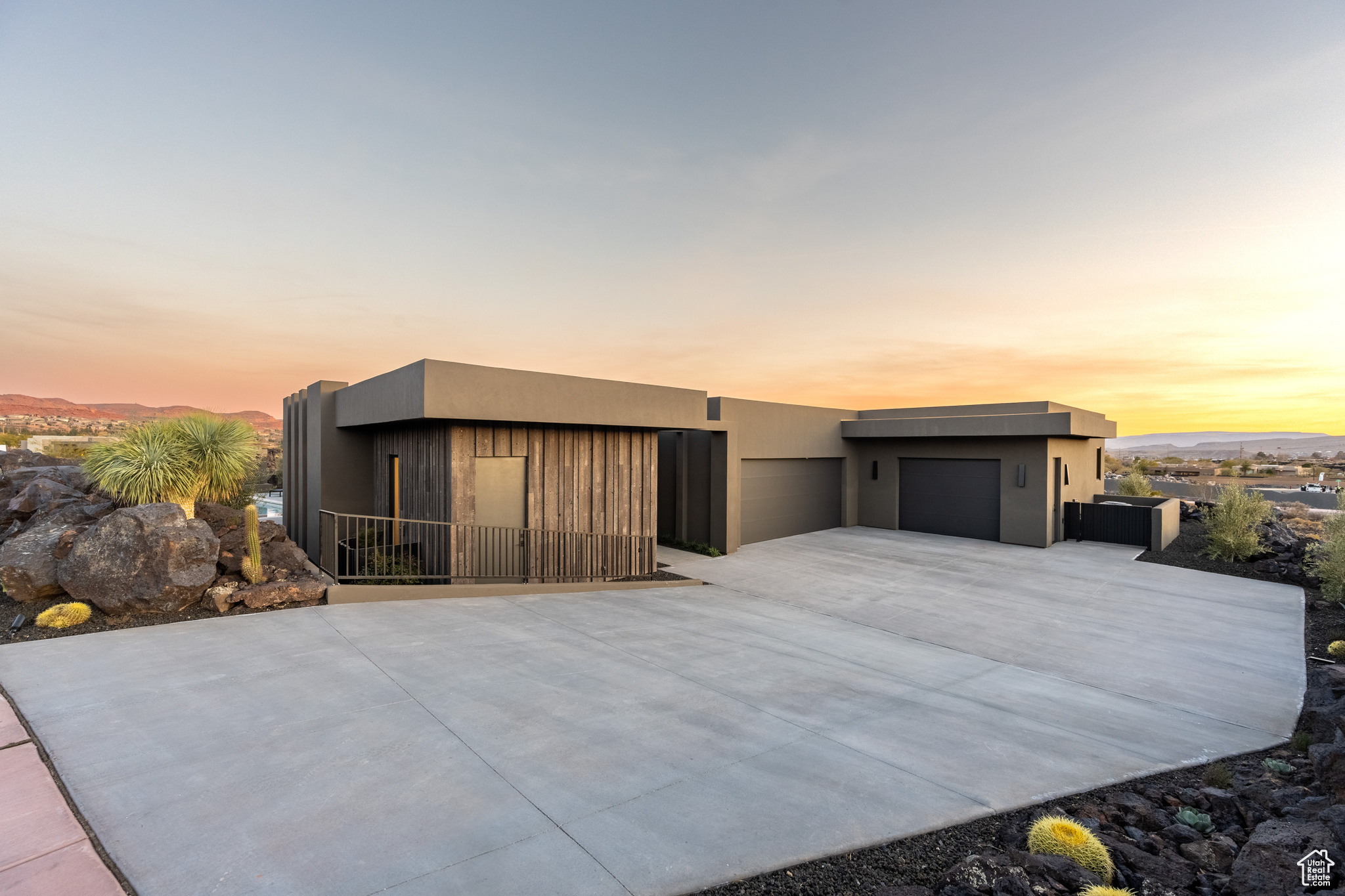 Modern home featuring a garage