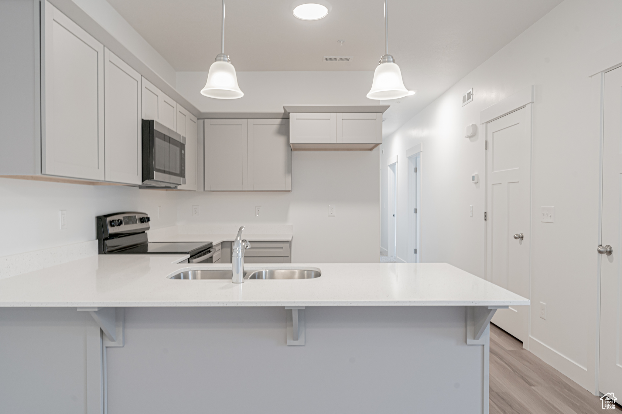 Kitchen featuring decorative light fixtures, light hardwood / wood-style flooring, appliances with stainless steel finishes, and sink