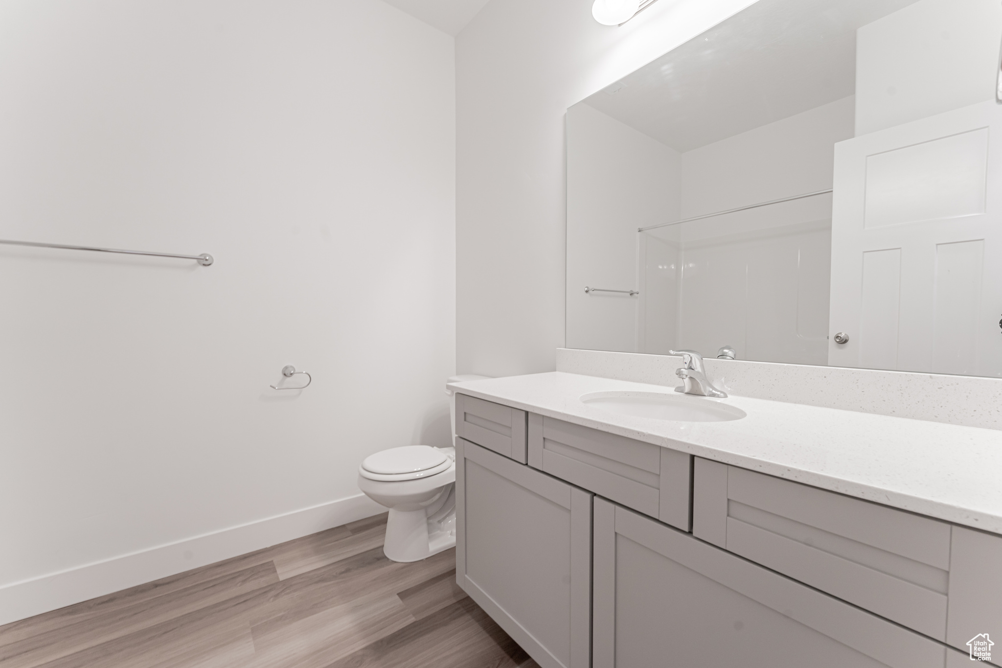 Bathroom with vanity, toilet, and wood-type flooring