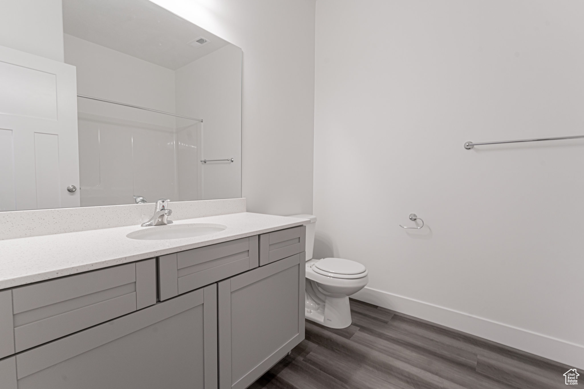 Bathroom with vanity, hardwood / wood-style flooring, and toilet