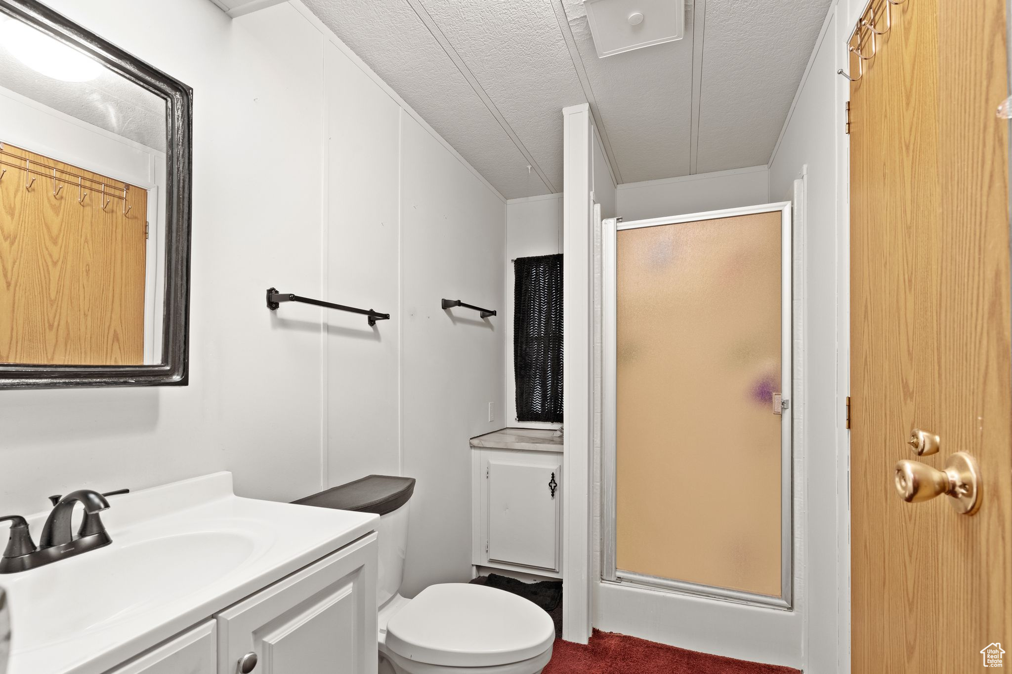 Bathroom featuring vanity, toilet, walk in shower, and a textured ceiling