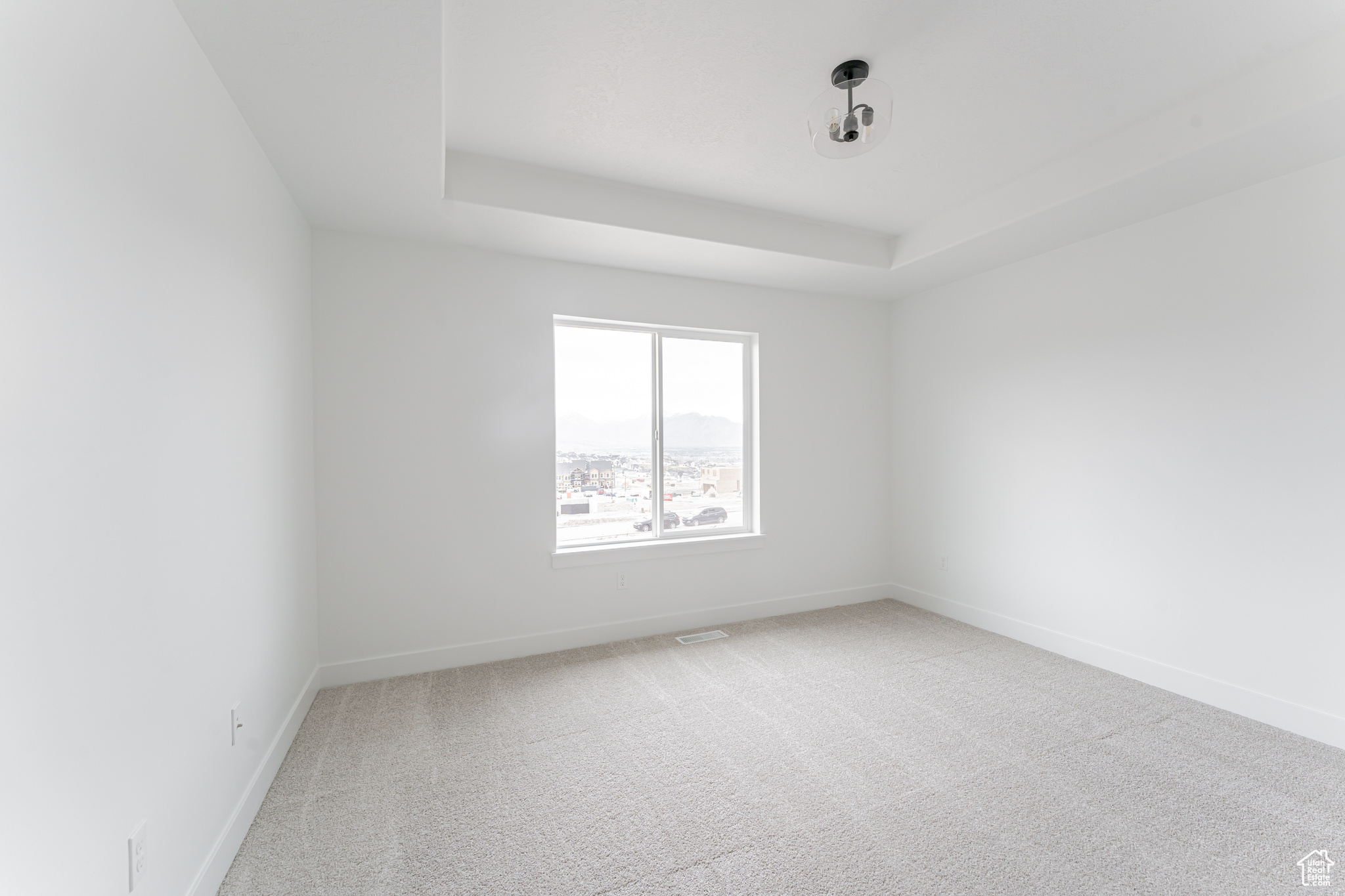 Unfurnished room with a tray ceiling and carpet floors