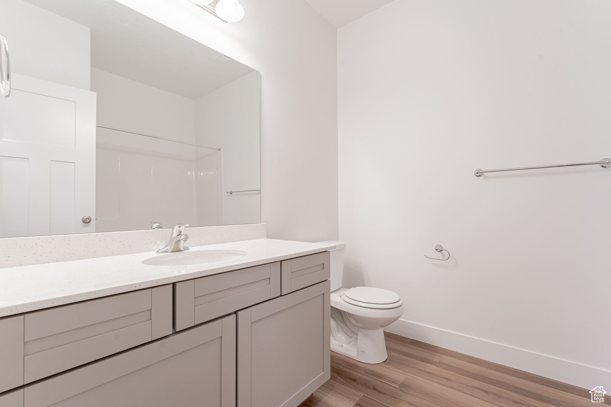 Bathroom with vanity, toilet, and hardwood / wood-style floors